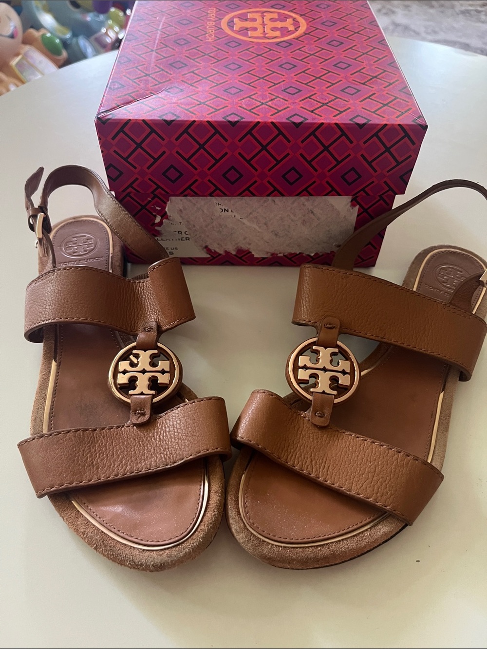 Tory Burch Tan Brown Leather Logo Slingback Sandals